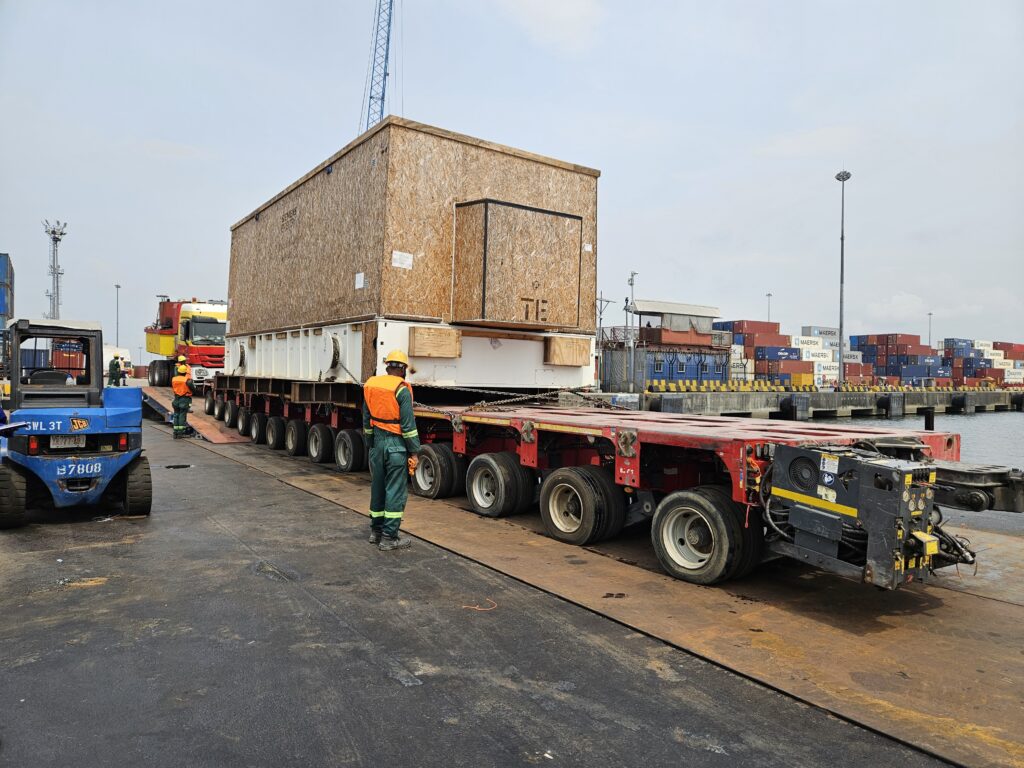 TRANSPORT FROM STORAGE AREA TO QUAYSIDE, ROLL ON TRANSPORT, BARGING FROM ONNE TO IKOT ABASI JETTY, ROLL OFF TRANSPORT AND STOOLING DOWN IN SITE STORAGE AREA